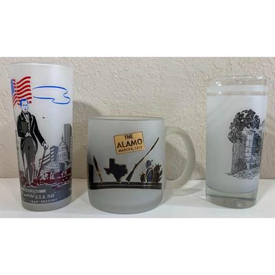 Texas Under The U.S.A. Flag Anson Jones & Alamo - San Antonio Frosted Glasses