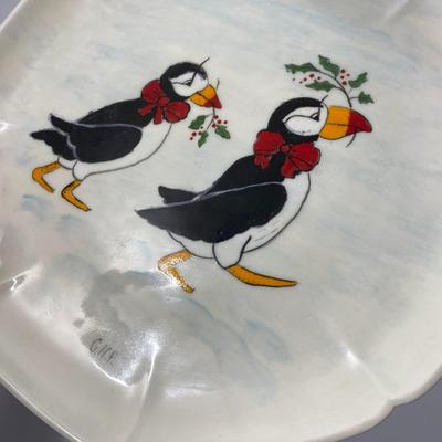 Vintage 1987 Handmade 11 1/8" Ceramic Christmas Tray Puffin Penguin Toucan