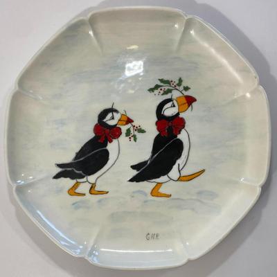 Vintage 1987 Handmade 11 1/8" Ceramic Christmas Tray Puffin Penguin Toucan
