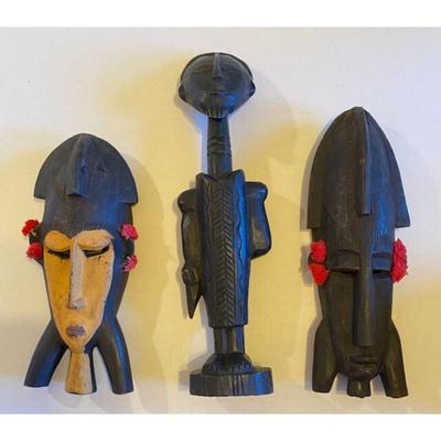 African Wood Carvings - 17.5" Male, Two 5" Children, & Two 12.75" Masks. Africa