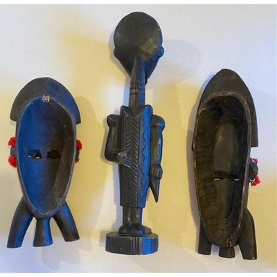 African Wood Carvings - 17.5" Male, Two 5" Children, & Two 12.75" Masks. Africa
