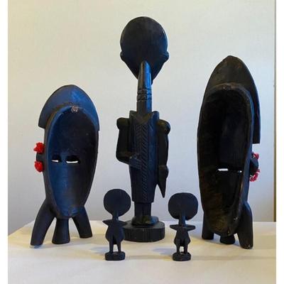 African Wood Carvings - 17.5" Male, Two 5" Children, & Two 12.75" Masks. Africa