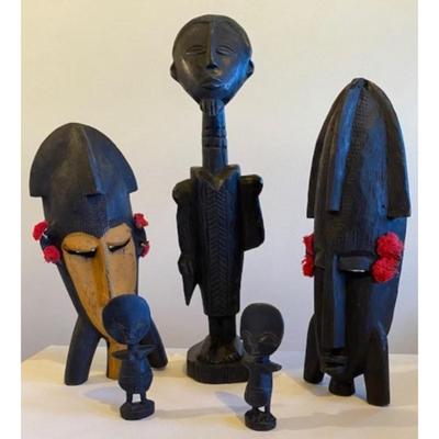 African Wood Carvings - 17.5" Male, Two 5" Children, & Two 12.75" Masks. Africa