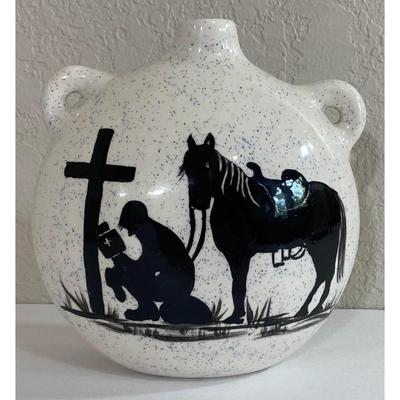 Cowboy Kneeling at Cross Western Horse Praying Religious Faith Pottery Vase