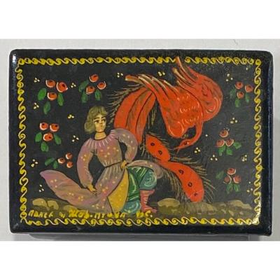 Hand Painted Russian Palekh Jewelry Trinket Black Lacquer Wooden Box Firebird