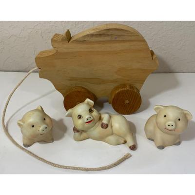 Vintage Wood Wooden Pig Pull Toy & Three Ceramic Happy Little Pigs Figurines