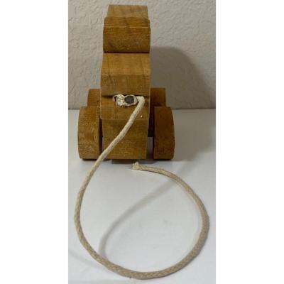 Vintage Wood Wooden Pig Pull Toy & Three Ceramic Happy Little Pigs Figurines