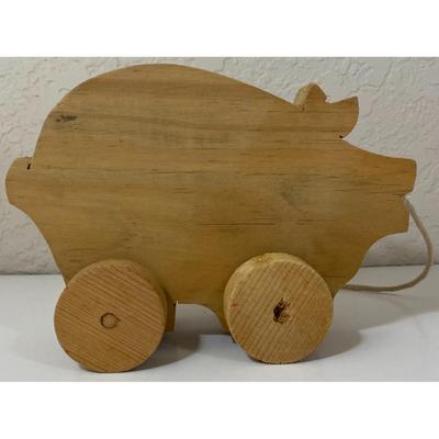 Vintage Wood Wooden Pig Pull Toy & Three Ceramic Happy Little Pigs Figurines