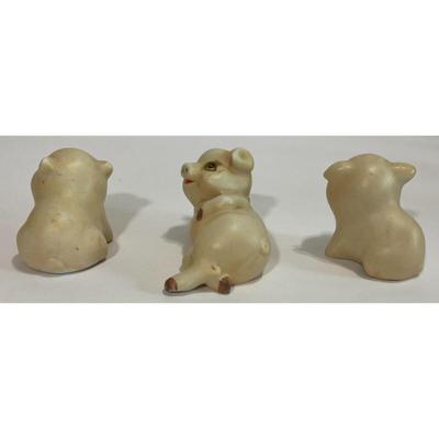 Vintage Wood Wooden Pig Pull Toy & Three Ceramic Happy Little Pigs Figurines