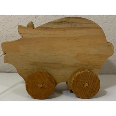 Vintage Wood Wooden Pig Pull Toy & Three Ceramic Happy Little Pigs Figurines