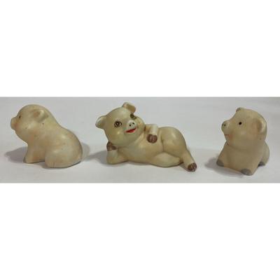 Vintage Wood Wooden Pig Pull Toy & Three Ceramic Happy Little Pigs Figurines