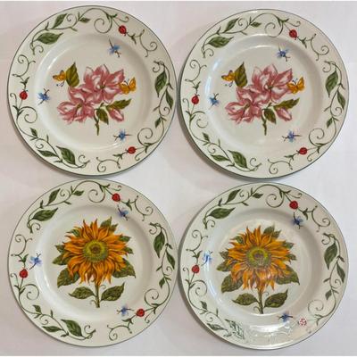 4 Tabletops Unlimited Botanical Garden 10.5" Dinner Plates Sunflower Pink Floral