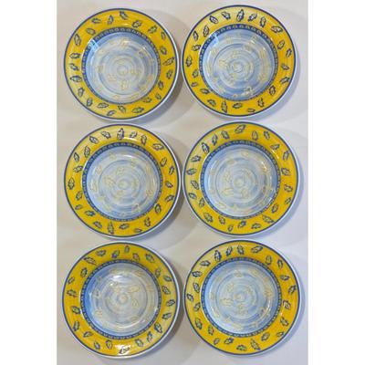 6 Quadrifoglio Blue & Yellow Leaf Pattern Bowls Made in Italy