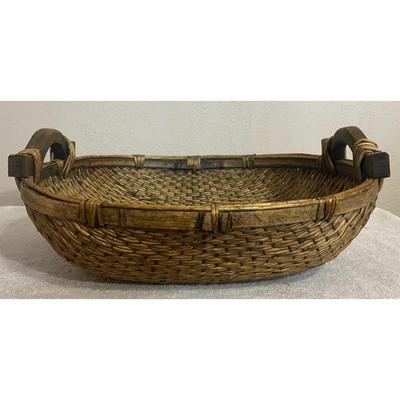 Antique Chinese Woven Willow Basket With Wood Handles Original