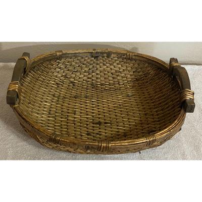 Antique Chinese Woven Willow Basket With Wood Handles Original