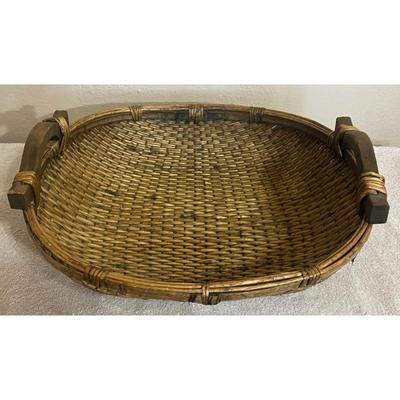 Antique Chinese Woven Willow Basket With Wood Handles Original