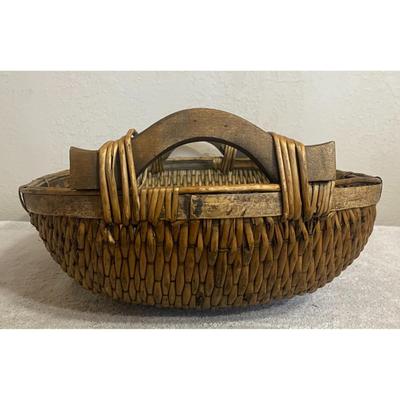 Antique Chinese Woven Willow Basket With Wood Handles Original