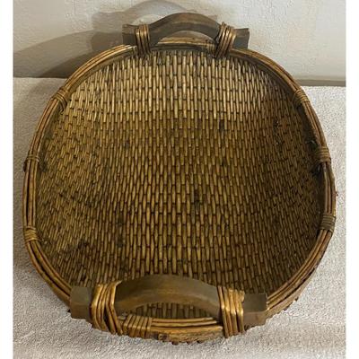 Antique Chinese Woven Willow Basket With Wood Handles Original