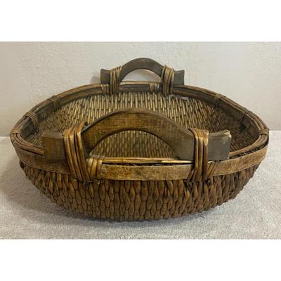 Antique Chinese Woven Willow Basket With Wood Handles Original