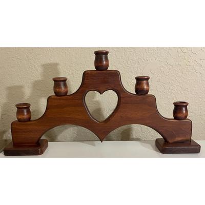 Wooden Brown Five Stem Heart Candelabra Vintage 19.25" Long x 9.5" Tall - B