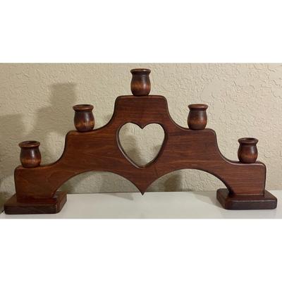 Wooden Brown Five Stem Heart Candelabra Vintage 19.25" Long x 9.5" Tall - B