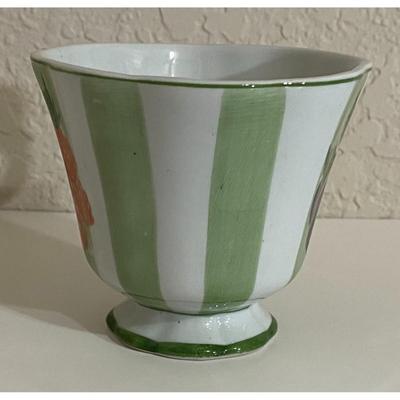 Green & White Striped Fruit Floral Teacup and Saucer Set