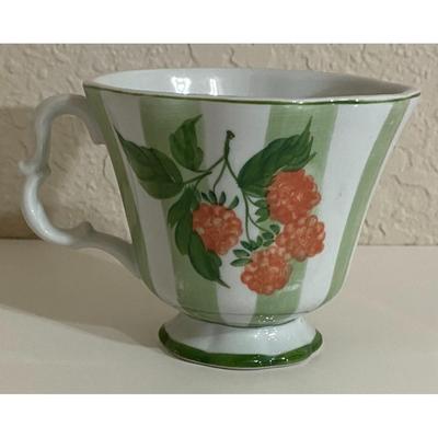 Green & White Striped Fruit Floral Teacup and Saucer Set