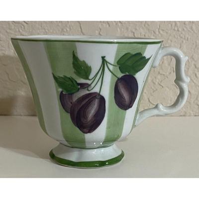 Green & White Striped Fruit Floral Teacup and Saucer Set