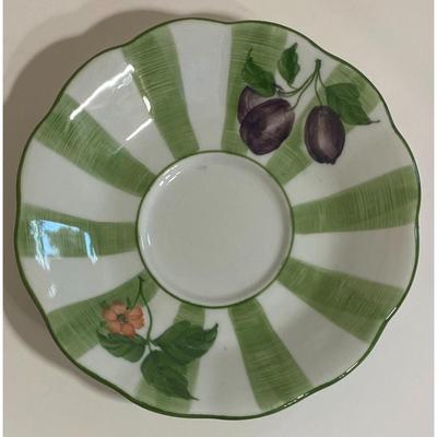 Green & White Striped Fruit Floral Teacup and Saucer Set