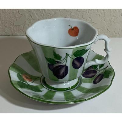Green & White Striped Fruit Floral Teacup and Saucer Set
