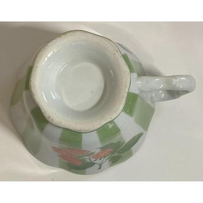 Green & White Striped Fruit Floral Teacup and Saucer Set