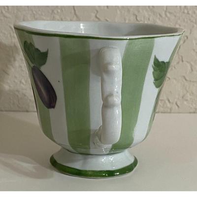 Green & White Striped Fruit Floral Teacup and Saucer Set