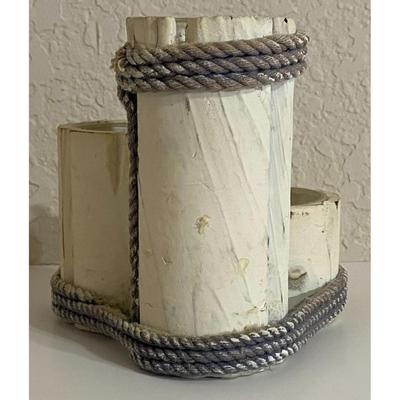 Nautical Triple Tea Light Wood Candle Holder Pier Seagull Sailboat Shell Ocean