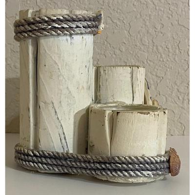 Nautical Triple Tea Light Wood Candle Holder Pier Seagull Sailboat Shell Ocean