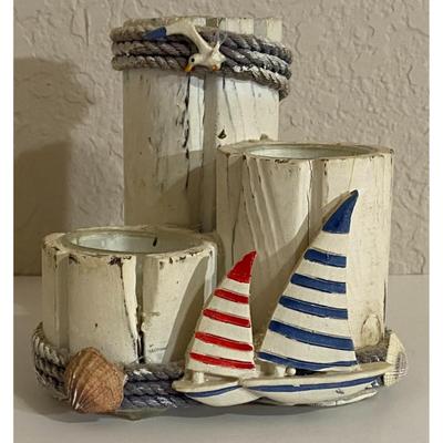 Nautical Triple Tea Light Wood Candle Holder Pier Seagull Sailboat Shell Ocean