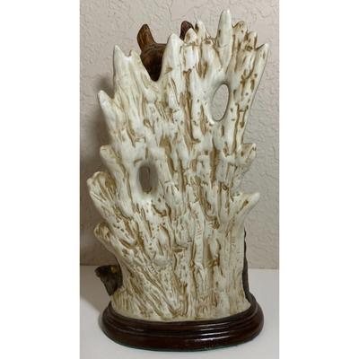 Large Vintage 1970s Ceramic 10.25" Owl With Tree Stump Wood Base