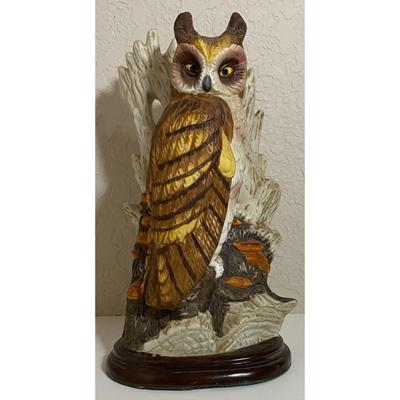 Large Vintage 1970s Ceramic 10.25" Owl With Tree Stump Wood Base