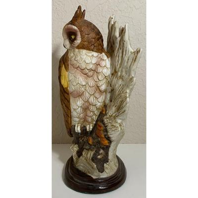 Large Vintage 1970s Ceramic 10.25" Owl With Tree Stump Wood Base