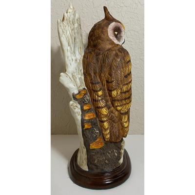Large Vintage 1970s Ceramic 10.25" Owl With Tree Stump Wood Base