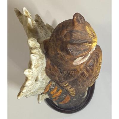 Large Vintage 1970s Ceramic 10.25" Owl With Tree Stump Wood Base