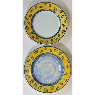 2 Quadrifoglio Blue Yellow Leaf Dinner Plates Made In Italy 11" and 10.25"