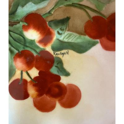 Vintage 9.75" Hand Painted Kaufman Bowl With Gold Trim Cherries Leaves