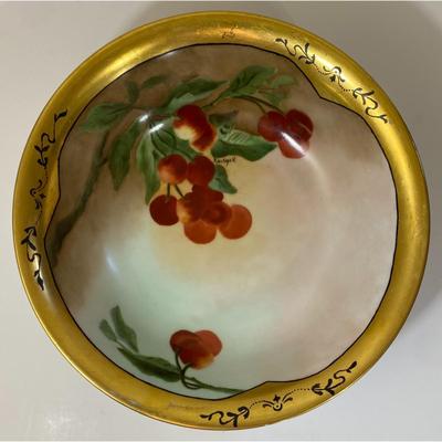 Vintage 9.75" Hand Painted Kaufman Bowl With Gold Trim Cherries Leaves