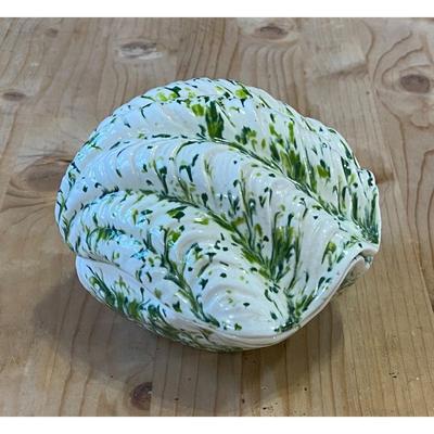 Green & White Ceramic Clam Shell Trinket / Candy / Soap / Nuts Dish Ocean Sea