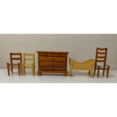 Wooden Doll House Furniture: 4 Drawer Dresser, Cradle, Three Chairs