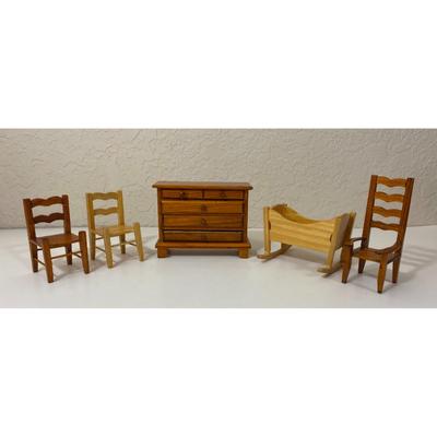 Wooden Doll House Furniture: 4 Drawer Dresser, Cradle, Three Chairs
