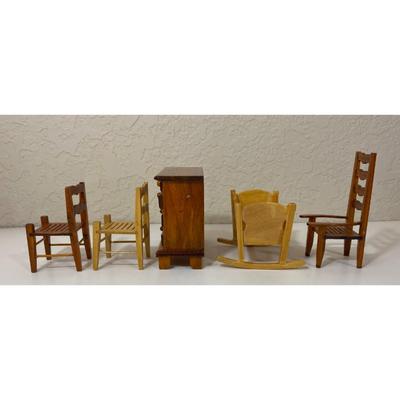 Wooden Doll House Furniture: 4 Drawer Dresser, Cradle, Three Chairs