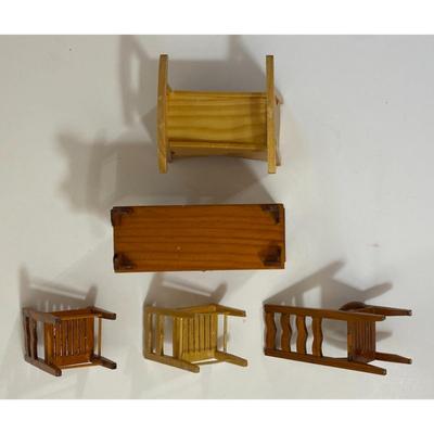 Wooden Doll House Furniture: 4 Drawer Dresser, Cradle, Three Chairs