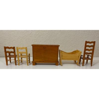Wooden Doll House Furniture: 4 Drawer Dresser, Cradle, Three Chairs