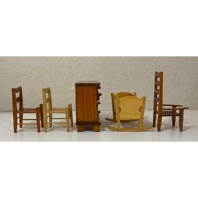 Wooden Doll House Furniture: 4 Drawer Dresser, Cradle, Three Chairs